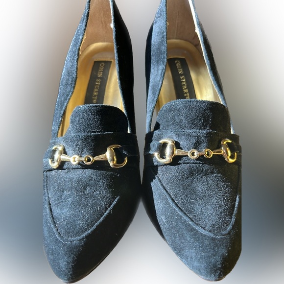 Vintage Colin Stuart black suede gold accent buckle loafer style heels pumps 7.5 - Picture 5 of 16